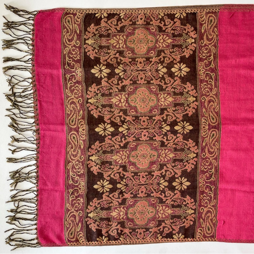 Hot Pink Shawl Pashmina with Tapestry Accents and Tassels - Picture 9 of 13